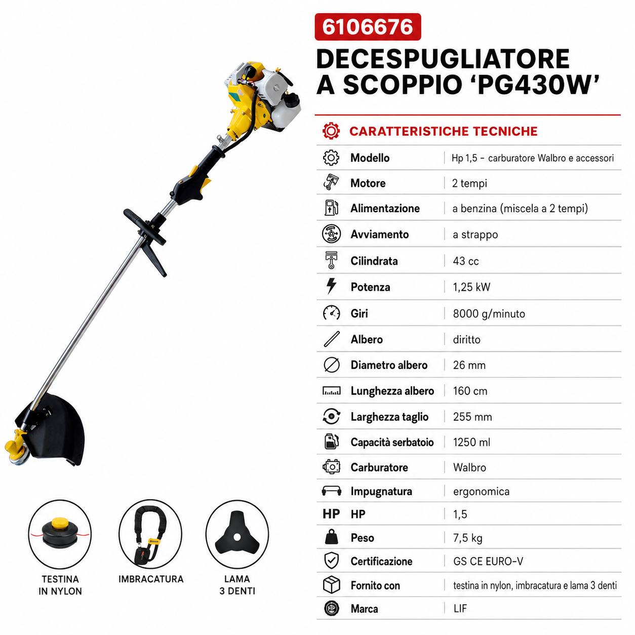 DECESPUGLIATORE A SCOPPIO PG430W LIF - 1,5 HP - CARBURATORE WALBRO