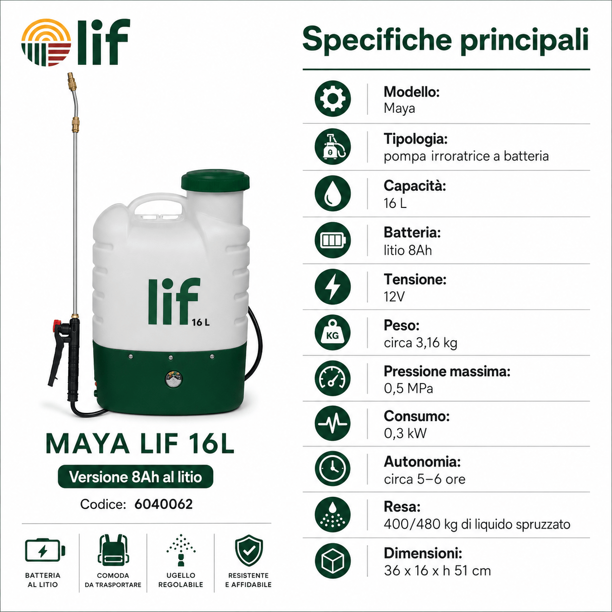 Pompa Irroratrice a Batteria 16L MAYA LIF | Zaino Agricolo 12V - ELETTROFER