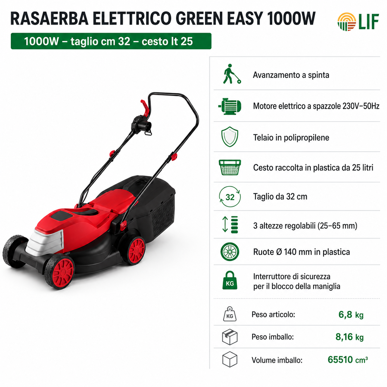 Rasaerba Elettrico LIF GREEN EASY 1000W