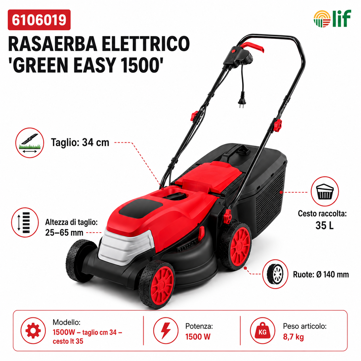 Rasaerba Elettrico LIF GREEN EASY 1500W