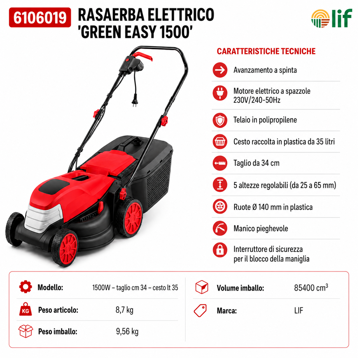 Rasaerba Elettrico LIF GREEN EASY 1500W