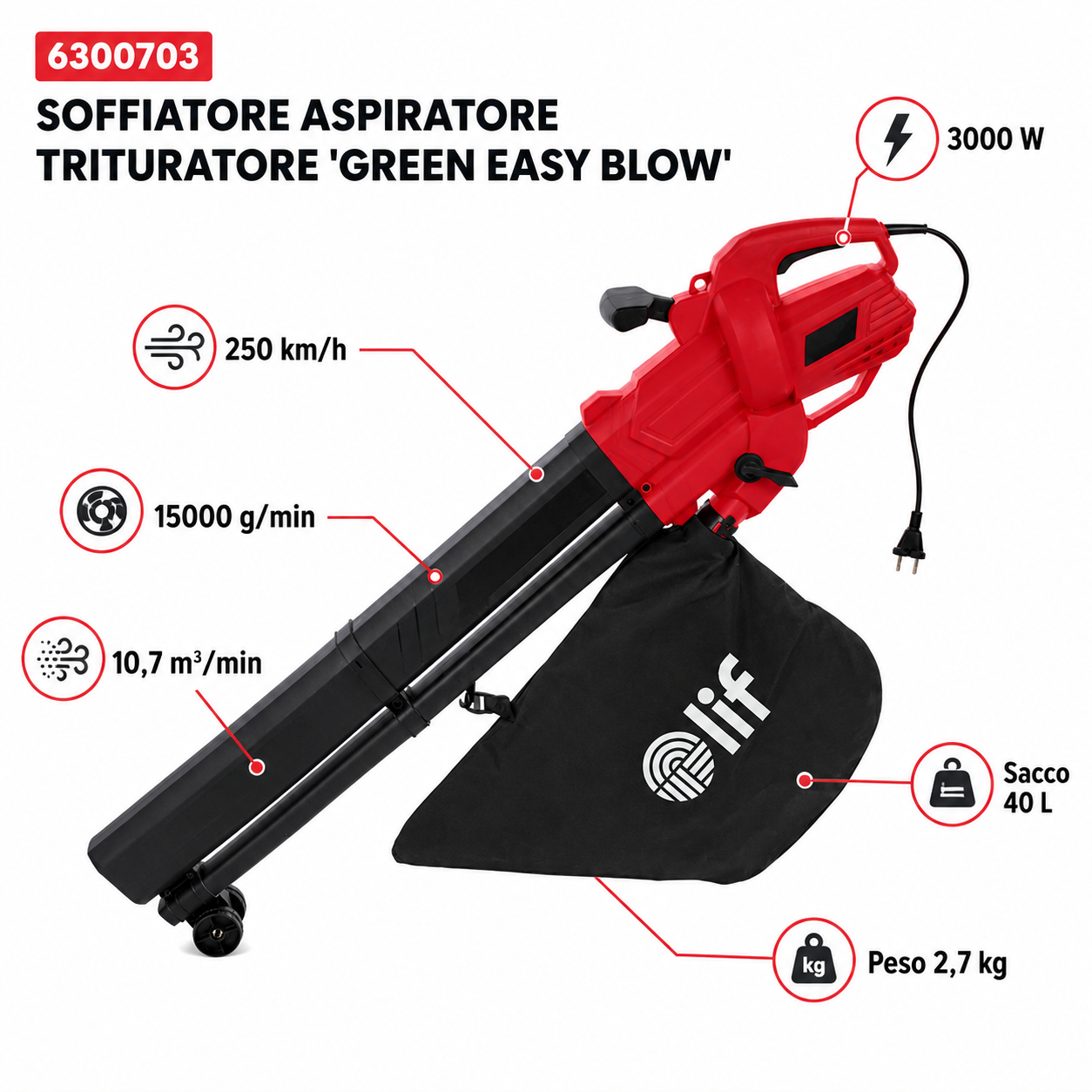 SOFFIATORE ASPIRATORE TRITURATORE LIF GREEN EASY BLOW – 3000 W