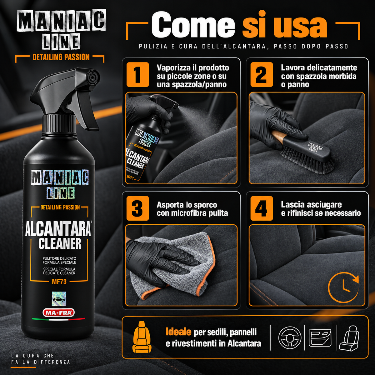 Alcantara® Cleaner pulitore delicato interni - MA-FRA Maniac Line