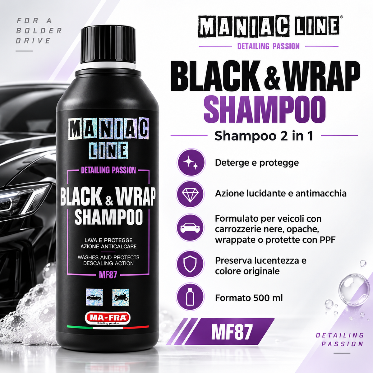 Black & Wrap Shampoo professionale 2 in 1 auto nere - MA-FRA Maniac Line