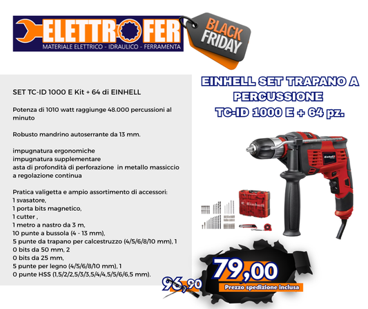 EINHELL Set trapano a percussione TC-ID 1000 E +64 pz. Black Friday