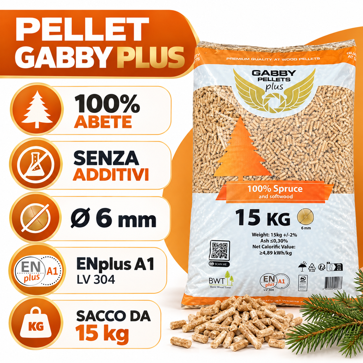 Pellet Gabby Plus 100% abete ENplus A1 - Sacco 15 kg