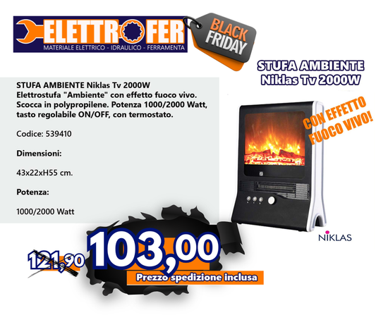 STUFA AMBIENTE Niklas Tv 2000W effetto fuoco vivo Black Friday
