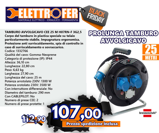 TAMBURO AVVOLGICAVO CEE 25 M H07RN-F 3G2,5 nero Black Friday