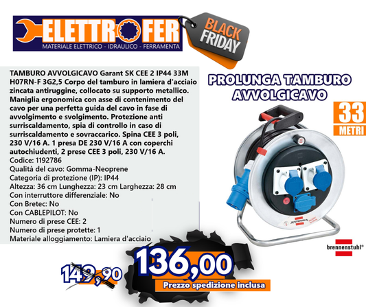 TAMBURO AVVOLGICAVO Garant SK CEE 2 IP44 33M H07RN-F 3G2,5 Black Friday