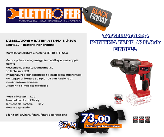 EINHELL Tassellatore a batteria TE-HD 18 Li-Solo (batteria disponibile separatamente) Black Friday