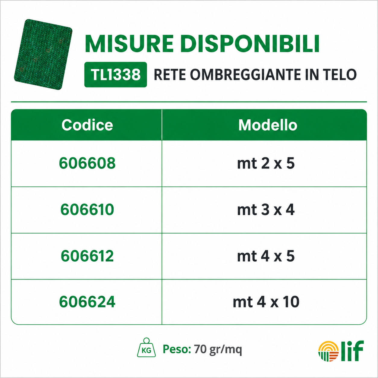 RETE OMBREGGIANTE IN TELO OMBREGGIATURA 70% -LIF