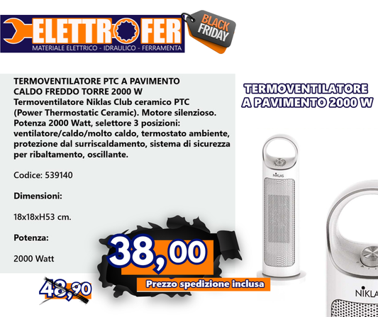 TERMOVENTILATORE PTC A PAVIMENTO CALDO FREDDO TORRE 2000 W Black Friday