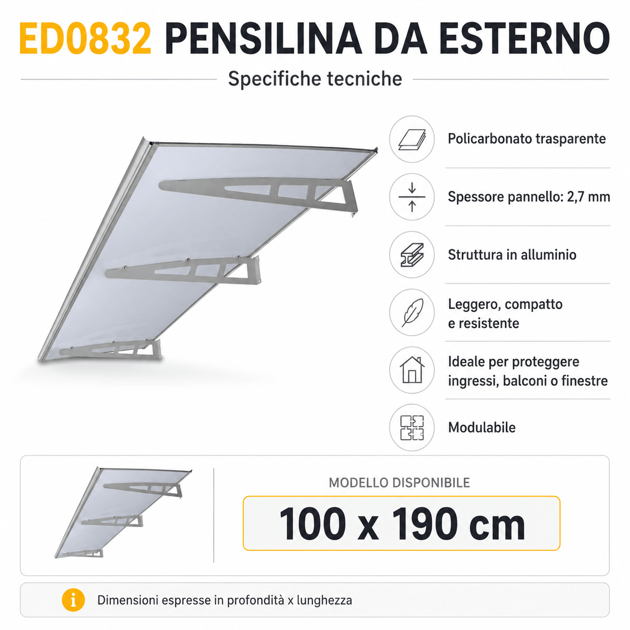 PENSILINA DA ESTERNO TRASPARENTE 100 X 190 CM - SPESSORE 2,7 MM - ELETTROFER