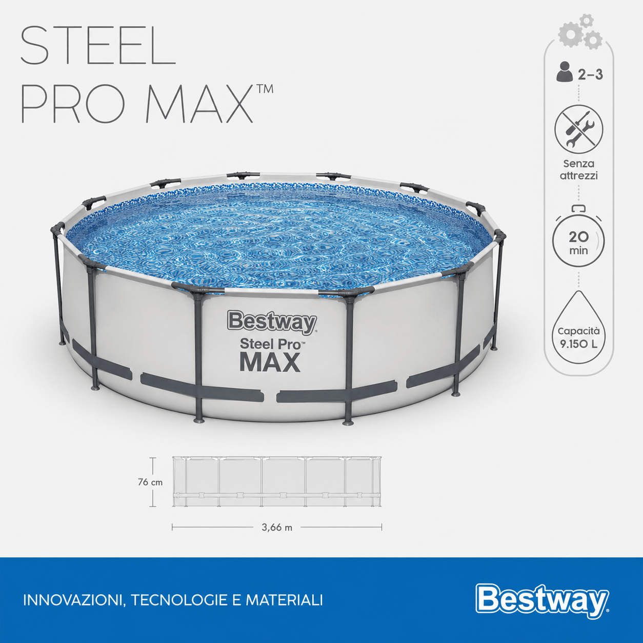 Piscina fuori terra Bestway Steel Pro 366x76 cm con struttura in acciaio - ELETTROFER