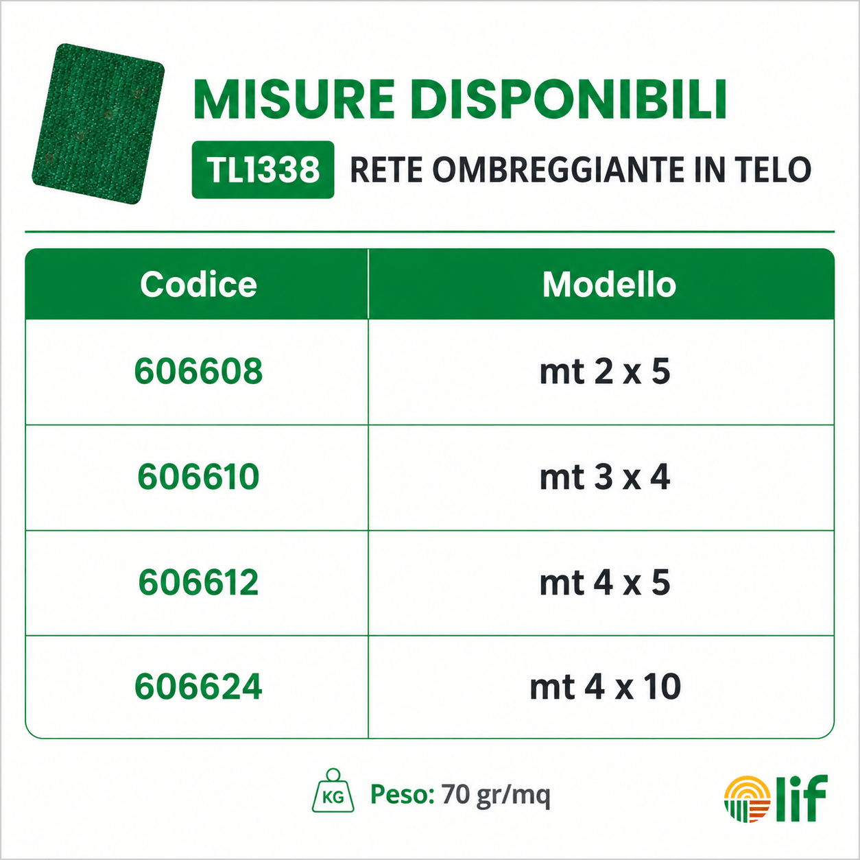 RETE OMBREGGIANTE IN TELO OMBREGGIATURA 70% -LIF - ELETTROFER
