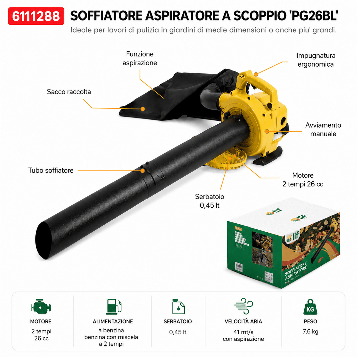 SOFFIATORE ASPIRATORE A SCOPPIO LIF PG26BL – 26 cc / 0,75 kW - ELETTROFER